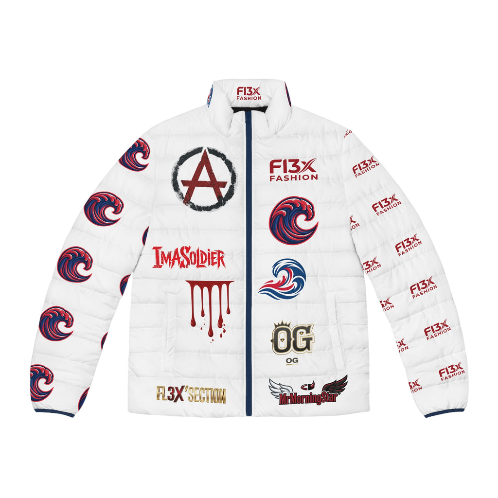 Men's Puffer Jacket — Bold Graphic Streetwear Puffer with Monkey Logo & 'I'm a Soldier' Accents