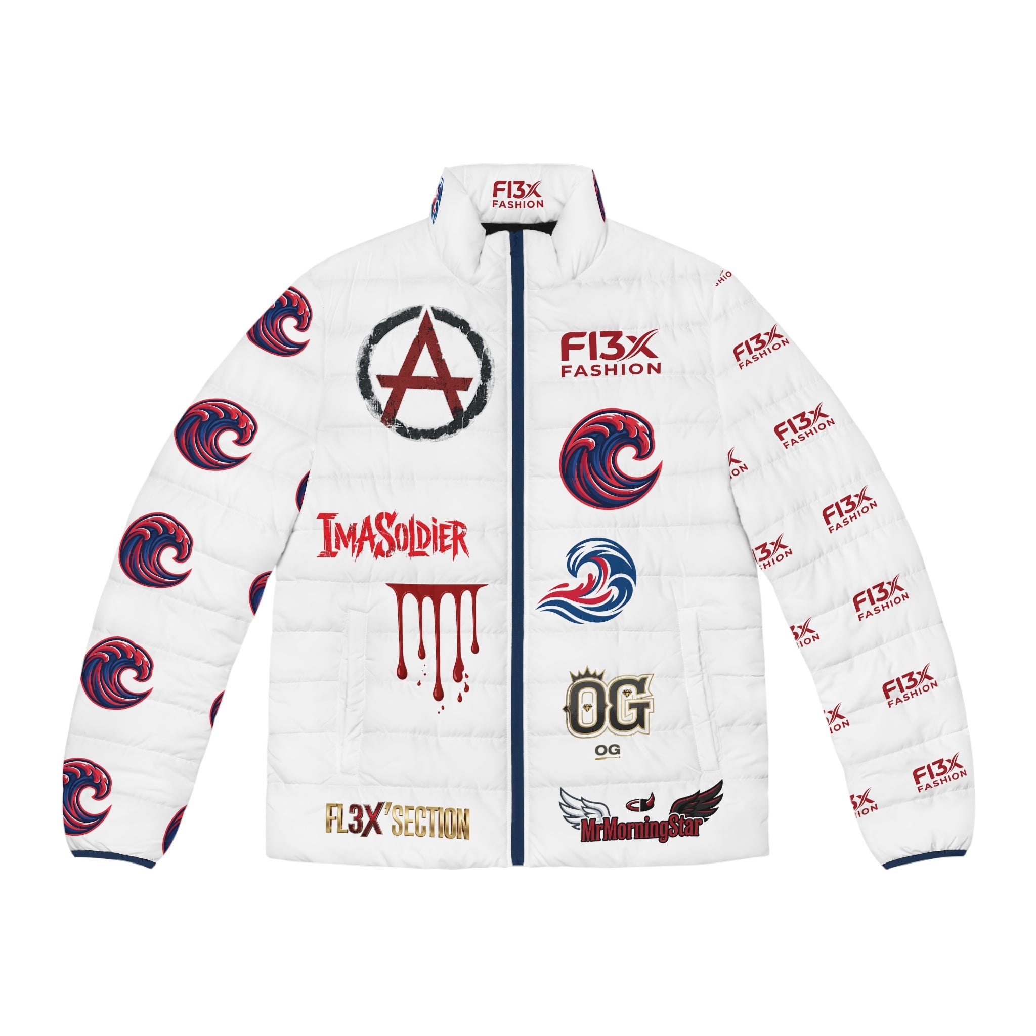 Men's Puffer Jacket — Bold Graphic Streetwear Puffer with Monkey Logo & 'I'm a Soldier' Accents