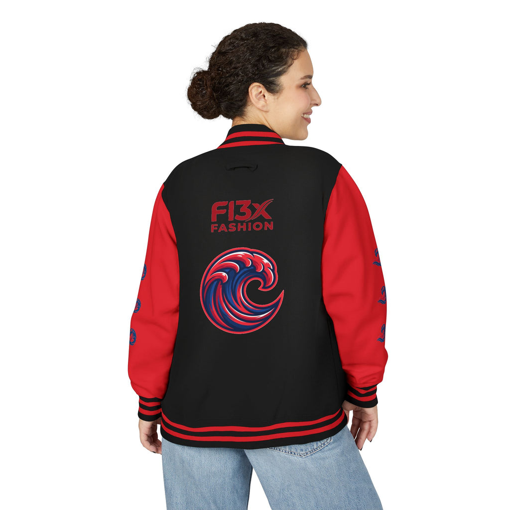 Letterman Jacket — Red Wave Graphic Varsity Jacket with 'F13X Fashion' Logo