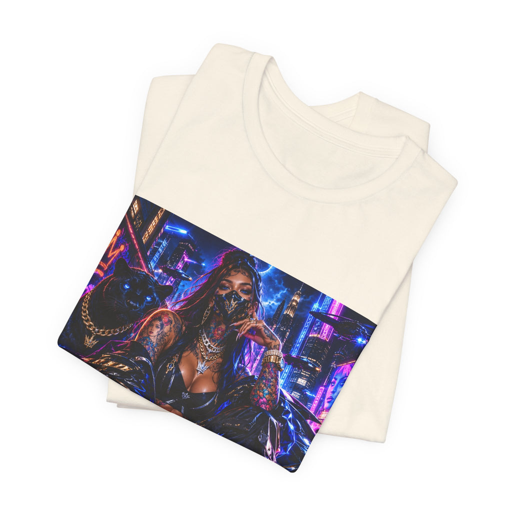 Cyberpunk Streetwear Tee — Neon Masked Woman Graphic T-Shirt