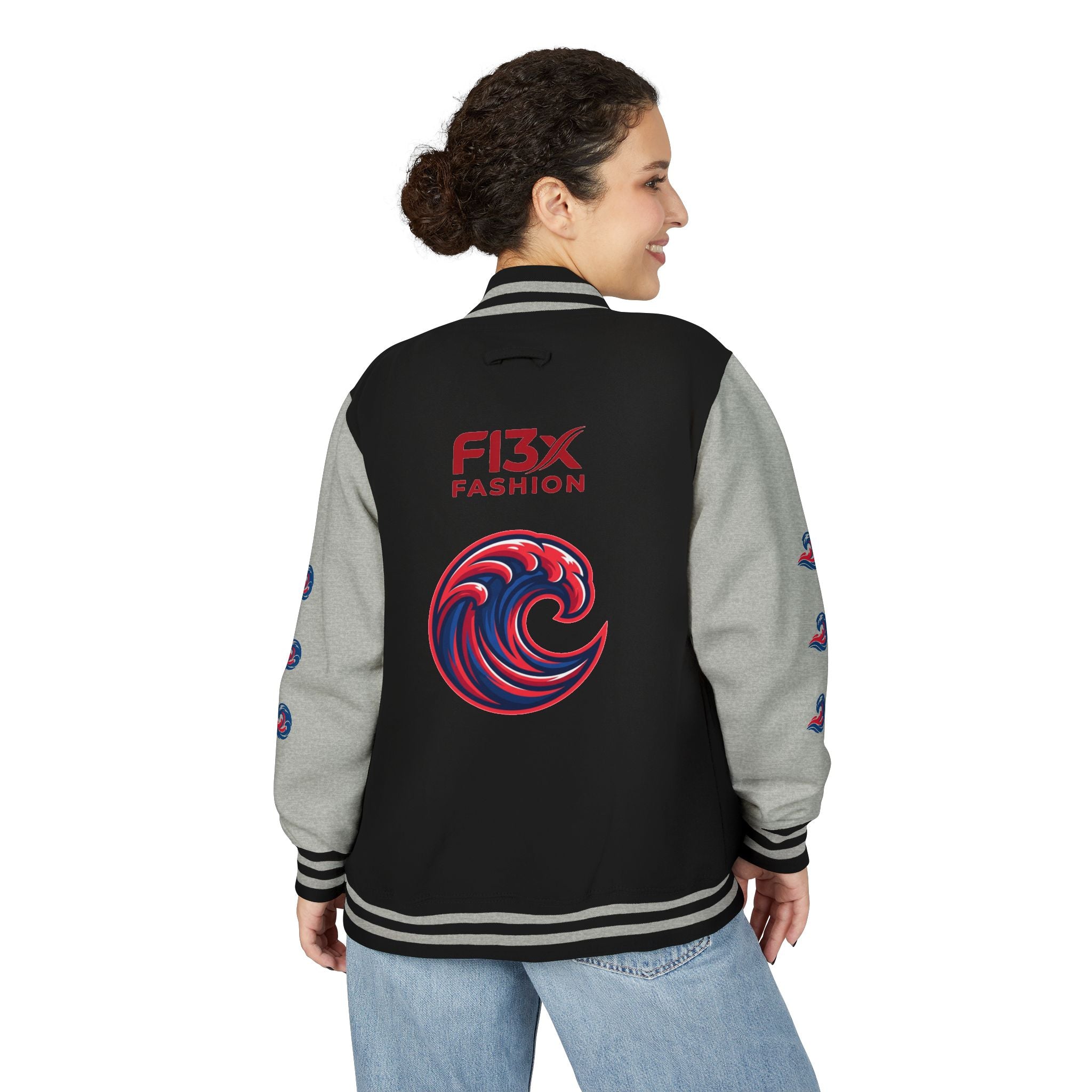 Letterman Jacket — Red Wave Graphic Varsity Jacket with 'F13X Fashion' Logo