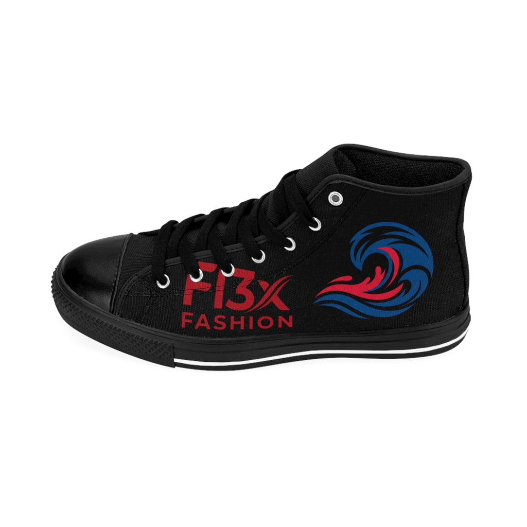 Black Graphic High-Top Sneakers — Bold Streetwear Design with 'F13X Fashion' & Wave Logo