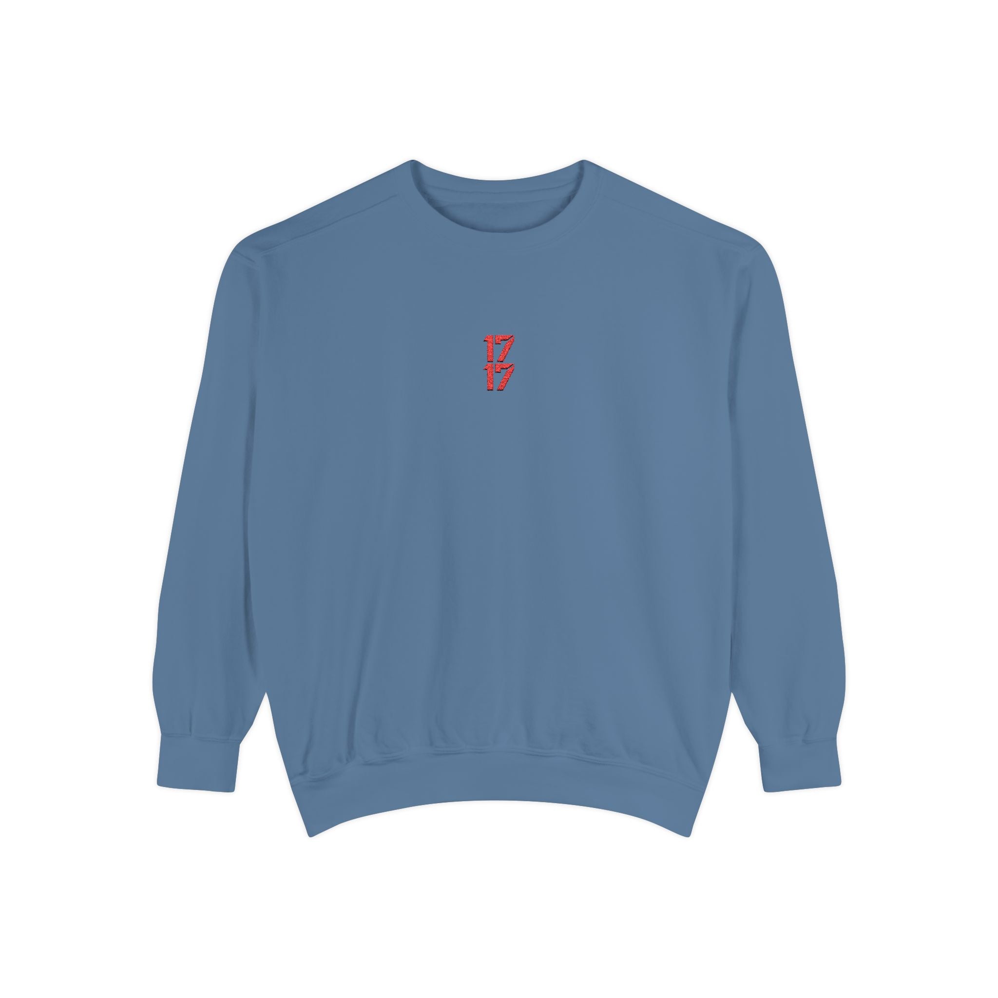 Sweatshirt — Minimal Red "17/17" Chest Logo Garment-Dyed Crew
