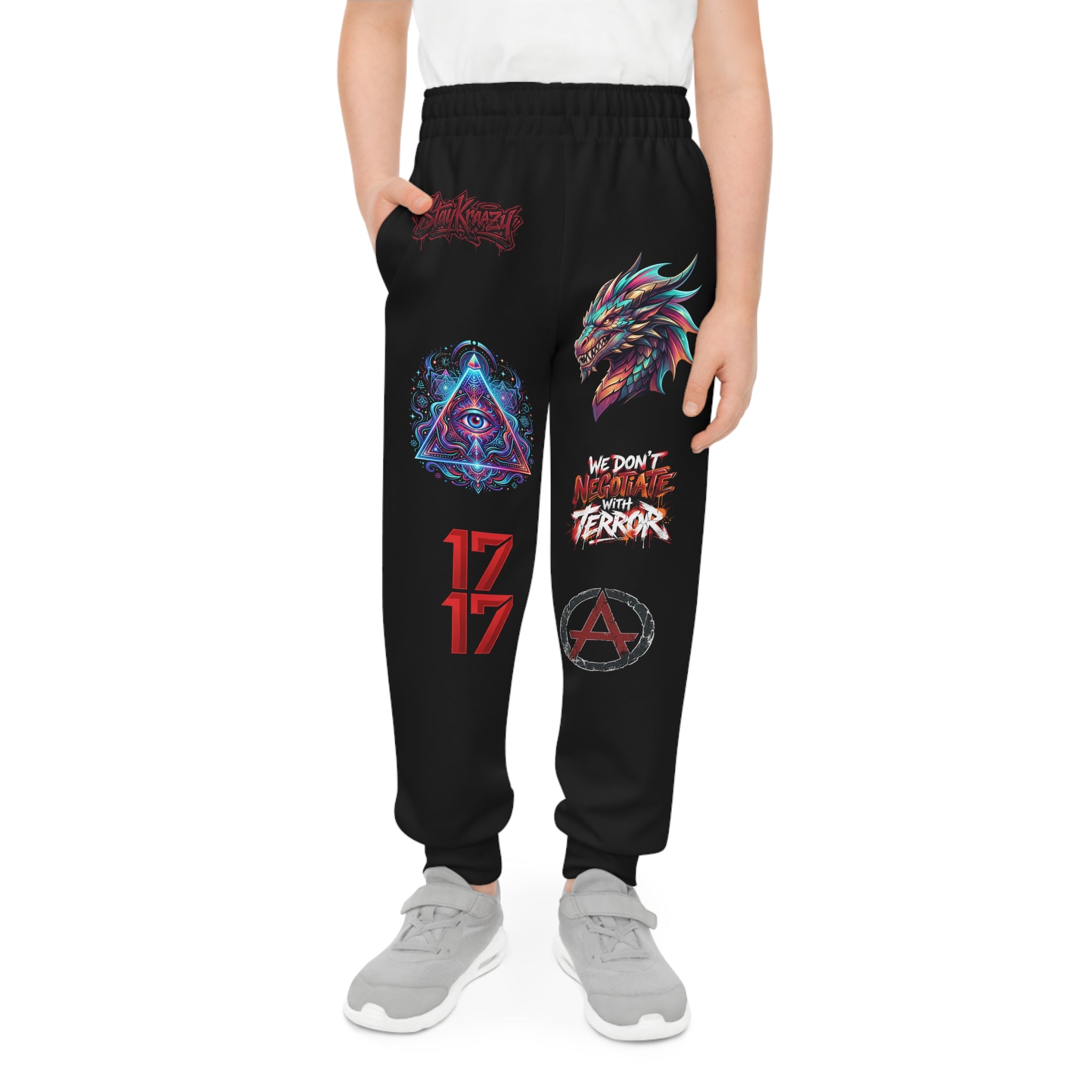 Youth Graphic Joggers — Neon Dragon, All-Over Print Streetwear with 'We Don't Negotiate With Terror' Design