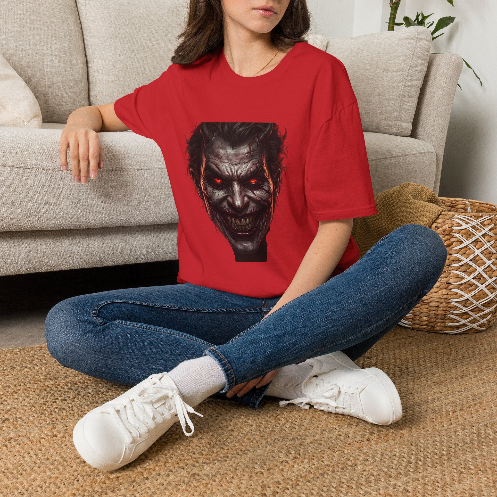 Horror Joker Face T-Shirt — Red-Eyed Villain Graphic Tee