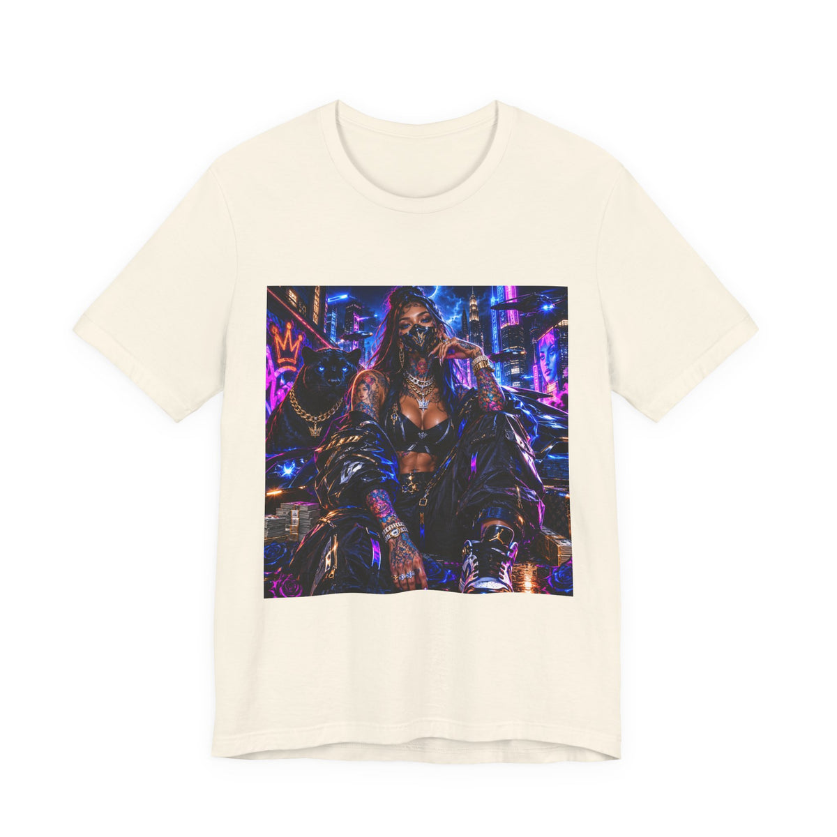 Cyberpunk Streetwear Tee — Neon Masked Woman Graphic T-Shirt