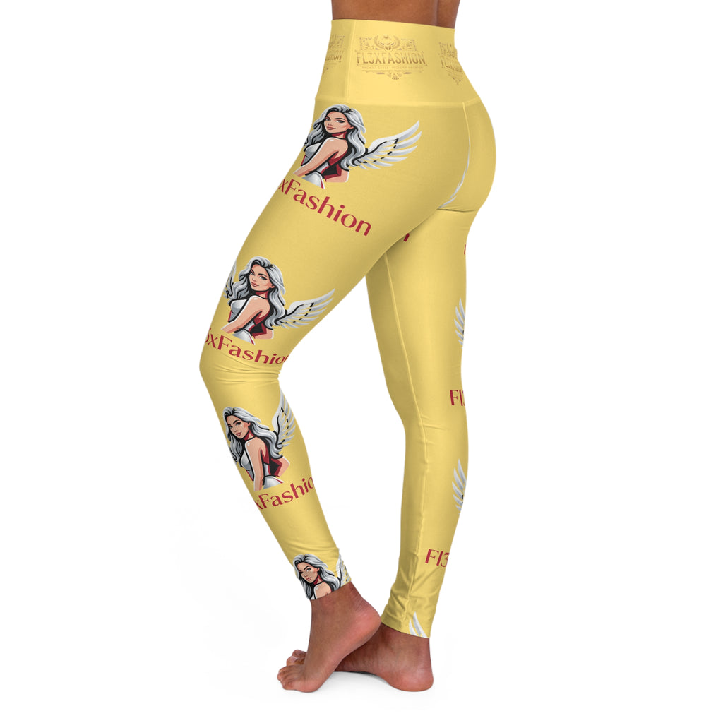 High-Waist Yoga Leggings — Yellow Angel Wing Floral AOP with 'F13xion' Text