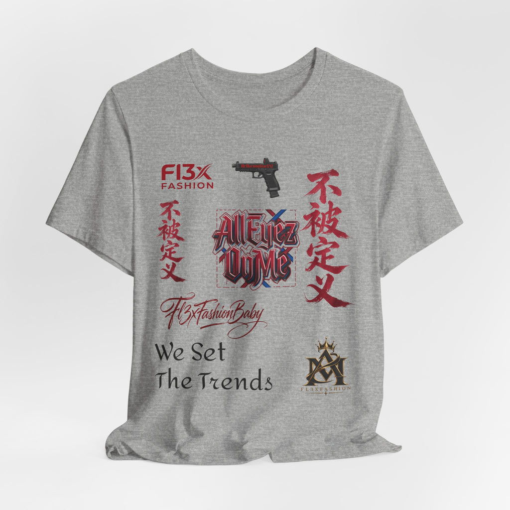 Graphic Tee — 'We Set The Trends' Streetwear T-Shirt with Asian Script & Gun Motifs