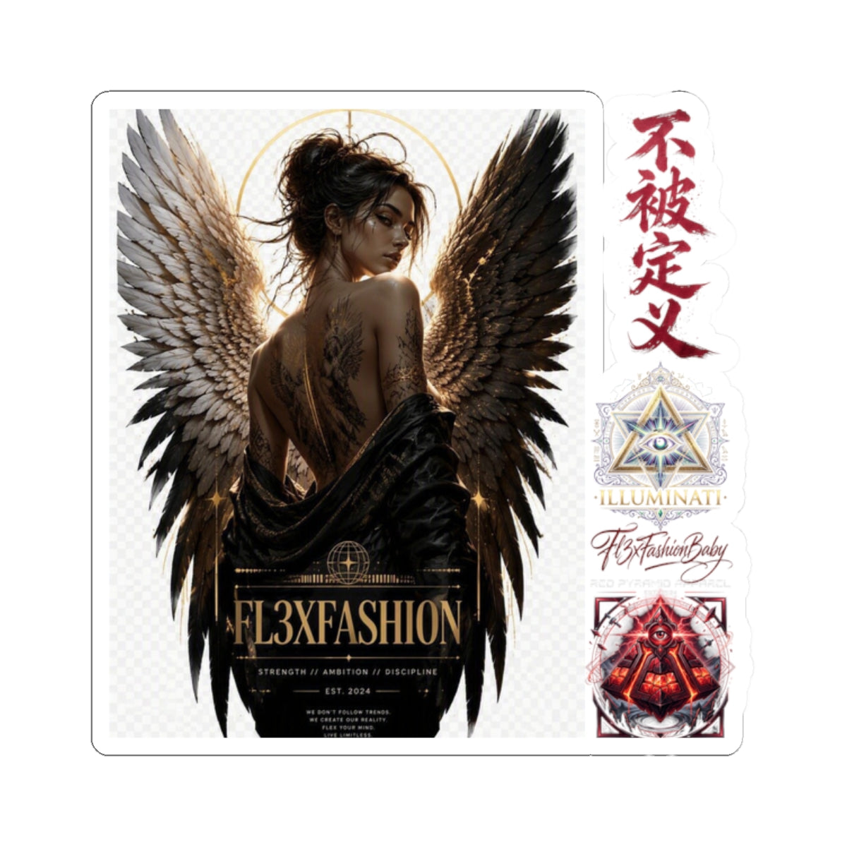 Dark Angel Kiss-Cut Sticker Sheet — Gothic Winged Woman, Japanese Script & Occult Icons