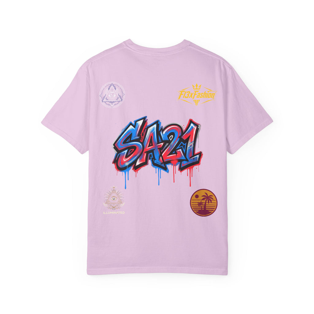 SA21 Graffiti T-Shirt — Urban Streetwear Tee with Drip Art & Tropical Patch