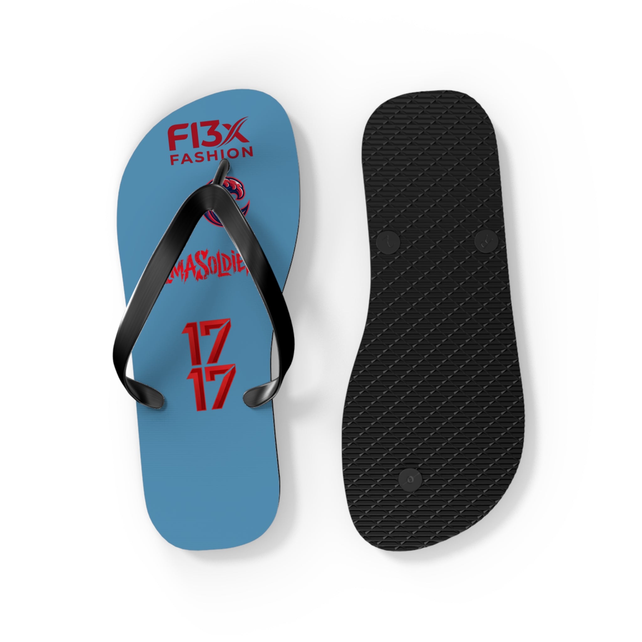 Blue Graphic Flip Flops – Surf Wave Design with '17 17' and Bold Logos