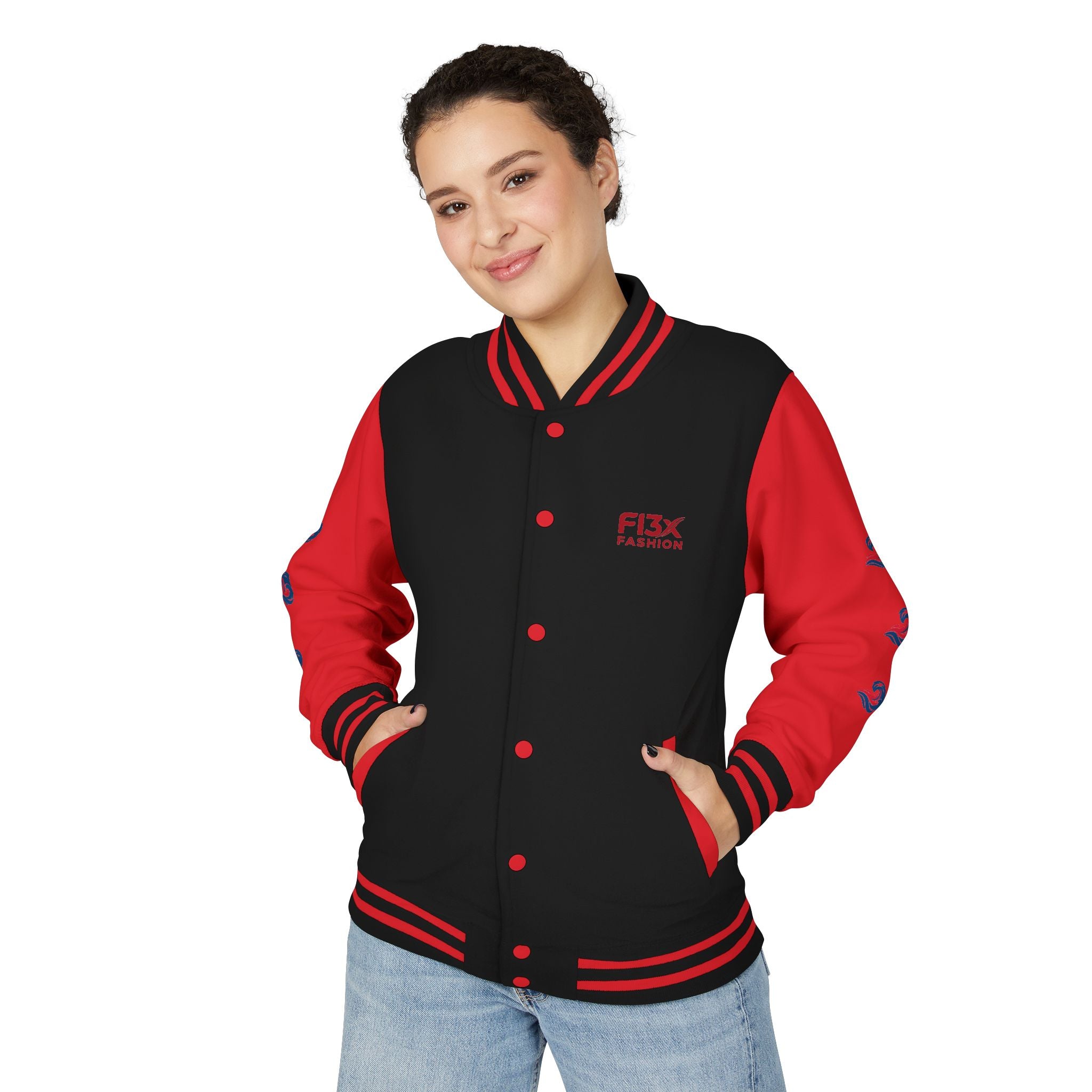 Letterman Jacket — Red Wave Graphic Varsity Jacket with 'F13X Fashion' Logo