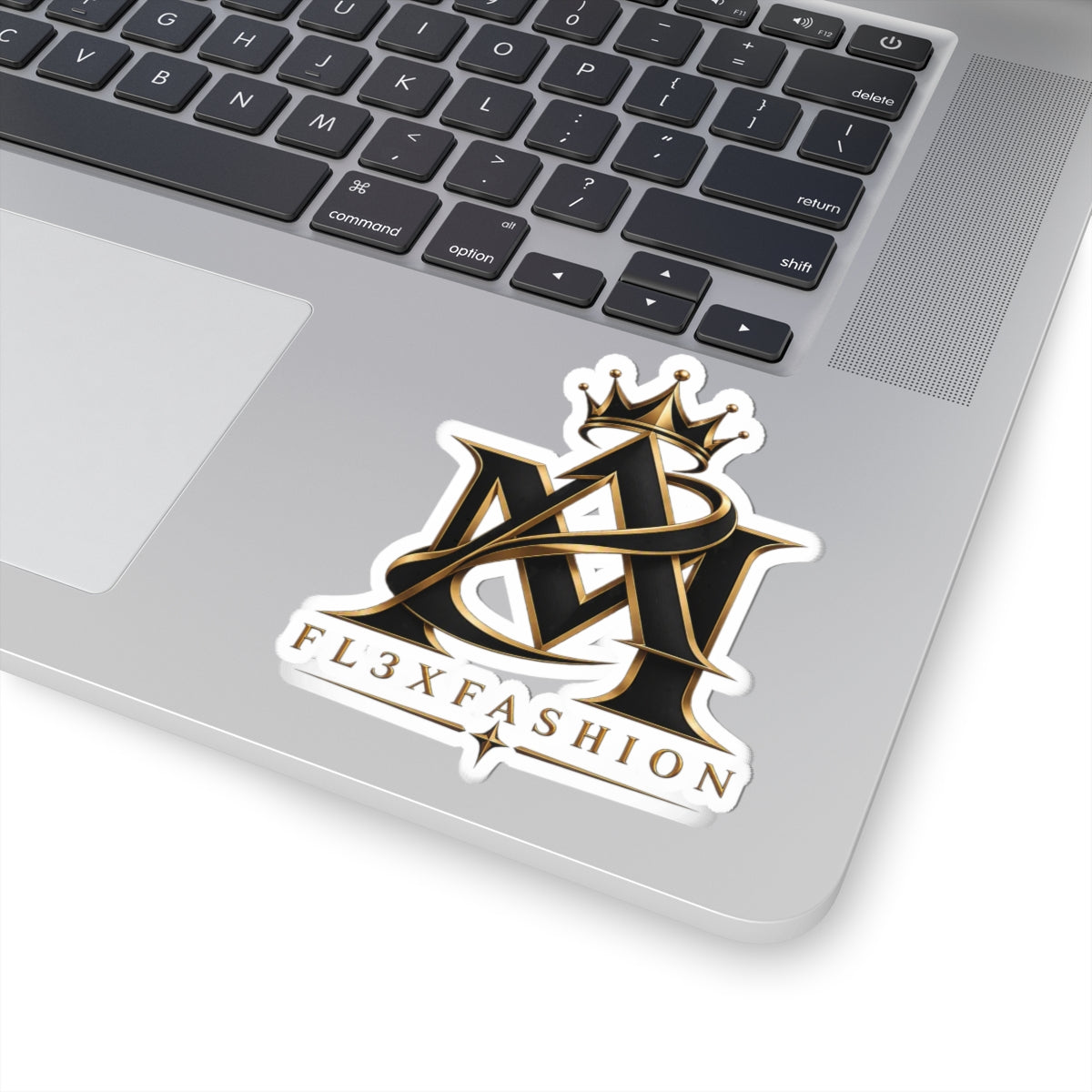 Fl3xFashion Gold Crown Logo Kiss-Cut Sticker — Luxe Monogram Laptop Decal