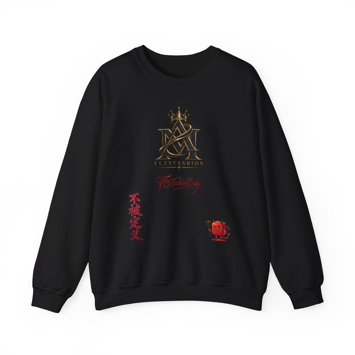 Asian-Inspired Logo Crewneck Sweatshirt — Monogram, Kanji & Lucky Charm Design