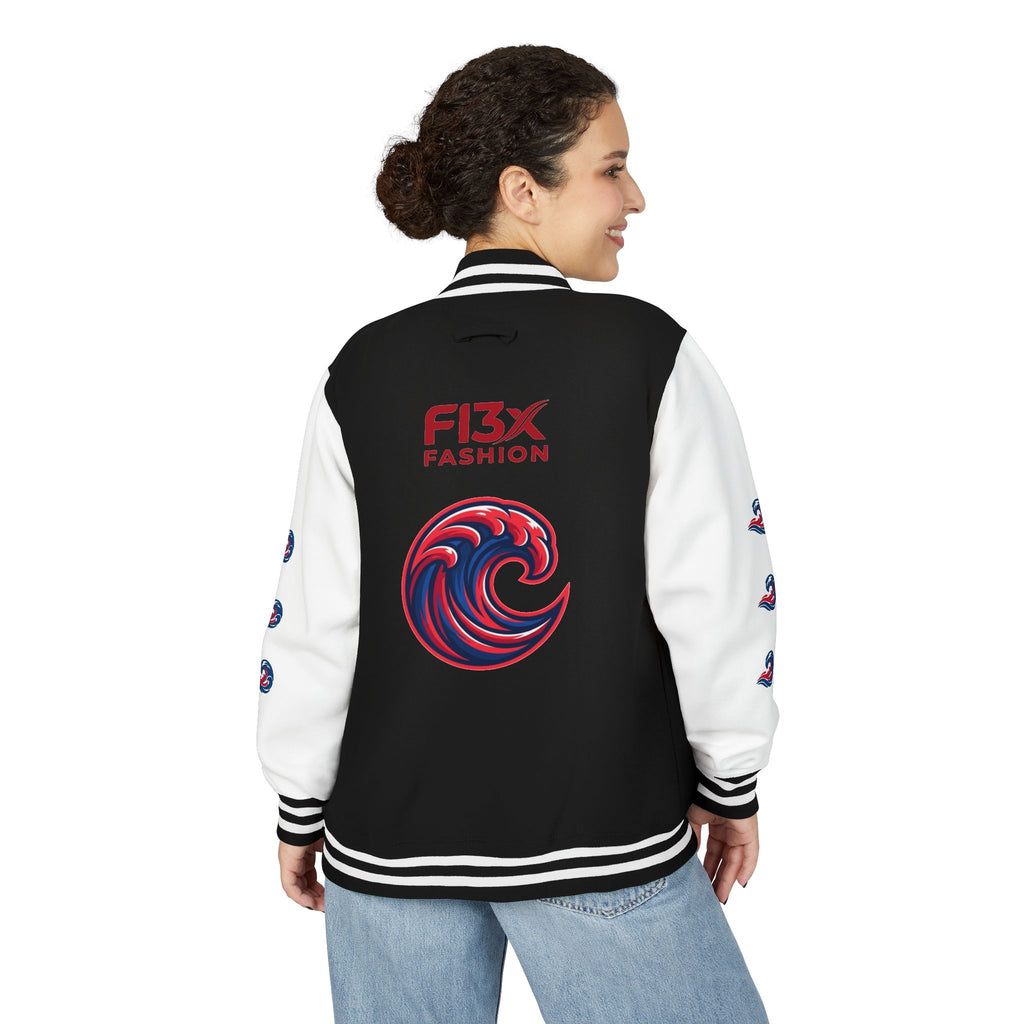 Letterman Jacket — Red Wave Graphic Varsity Jacket with 'F13X Fashion' Logo