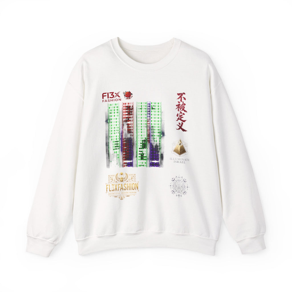 Crewneck Sweatshirt — Cyber Tokyo Graphic with Kanji & Matrix Cityscape