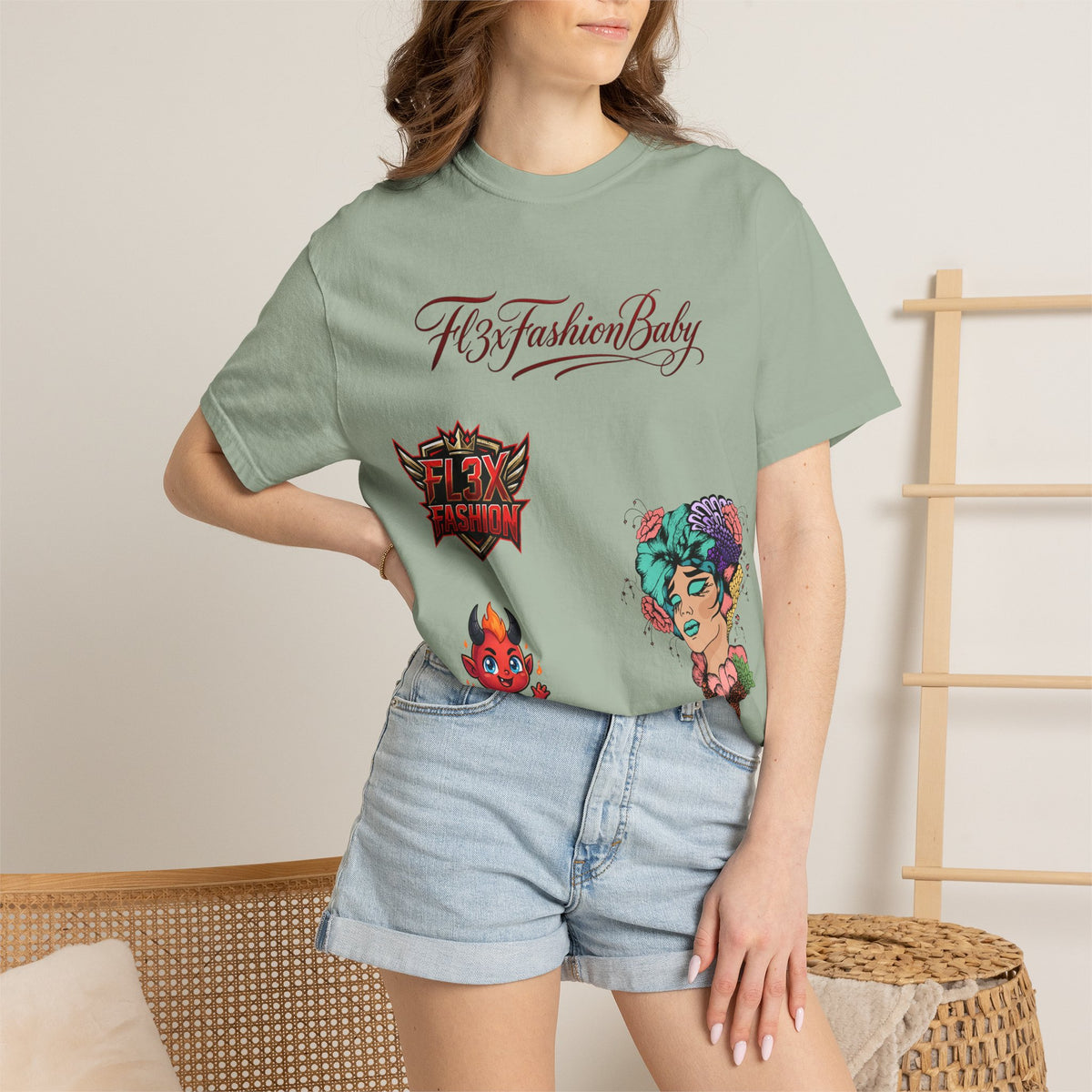 Artistic Floral Portrait T-Shirt — 'Fl3xFashionBaby' Graphic Tee