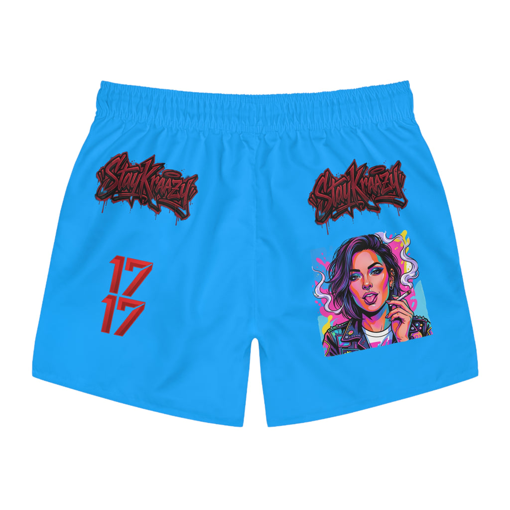 Blue Graphic Swim Trunks — Retro Pop Art Woman, '17' & Star Patch