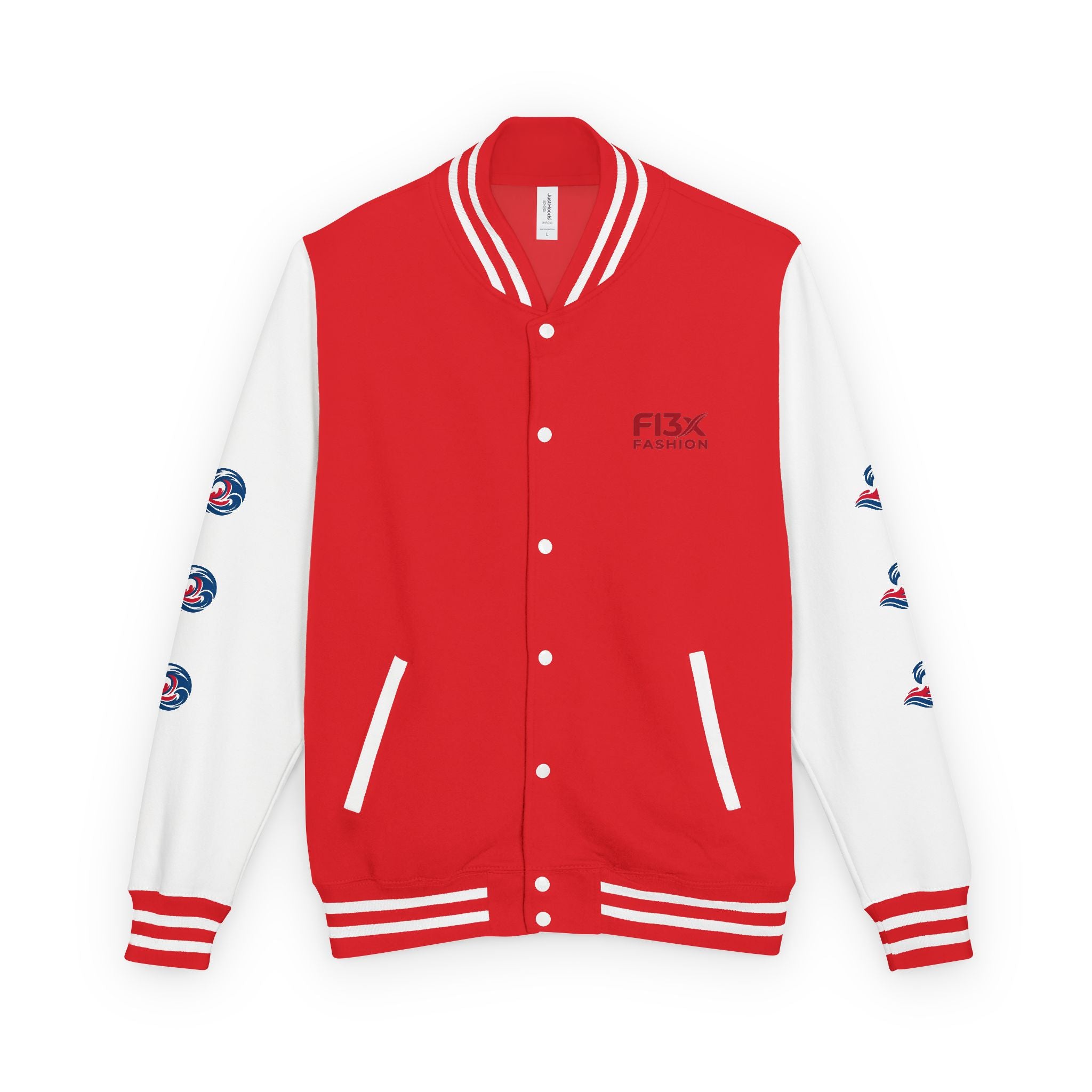Letterman Jacket — Red Wave Graphic Varsity Jacket with 'F13X Fashion' Logo