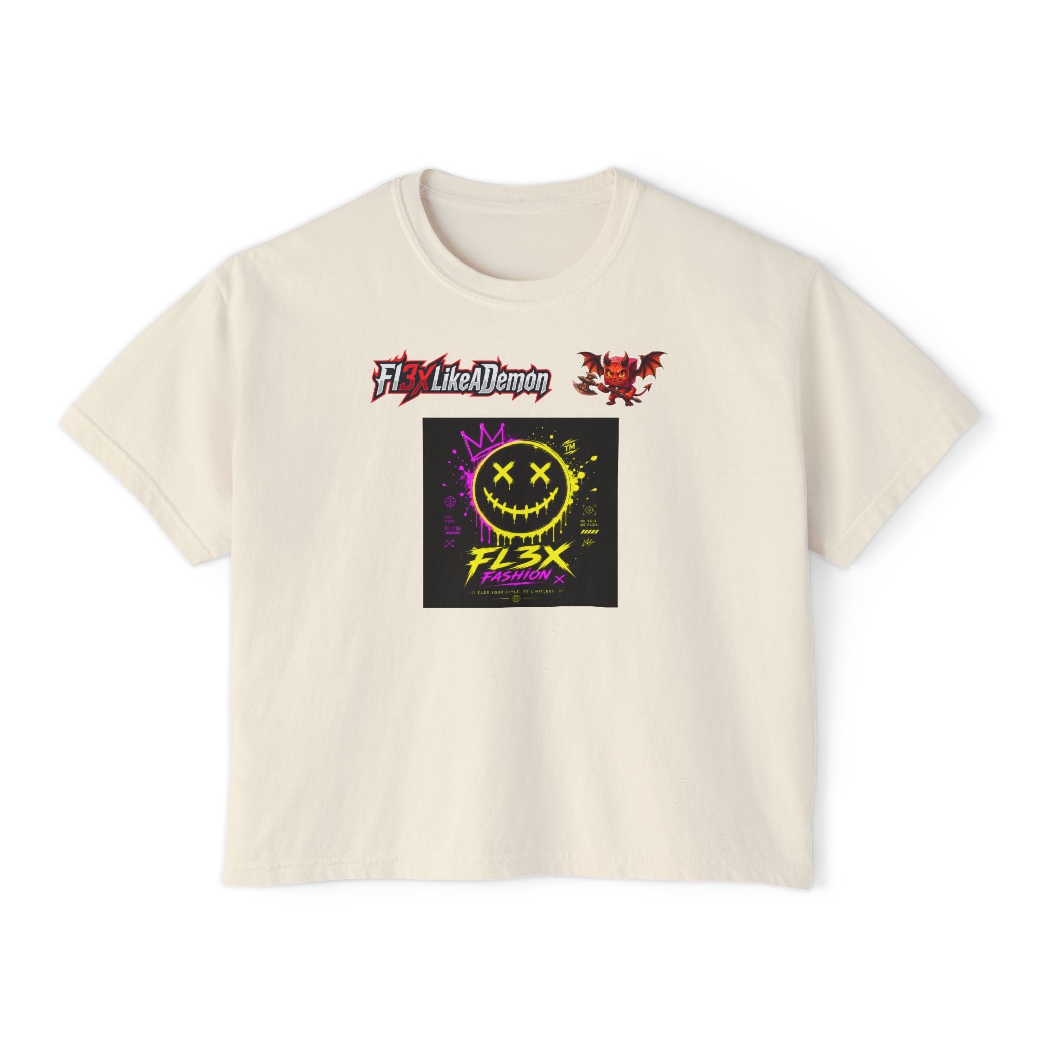 Women's Boxy Tee - Neon Smiley "FL3X" Graphic Streetwear
