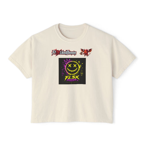 Women's Boxy Tee - Neon Smiley "FL3X" Graphic Streetwear