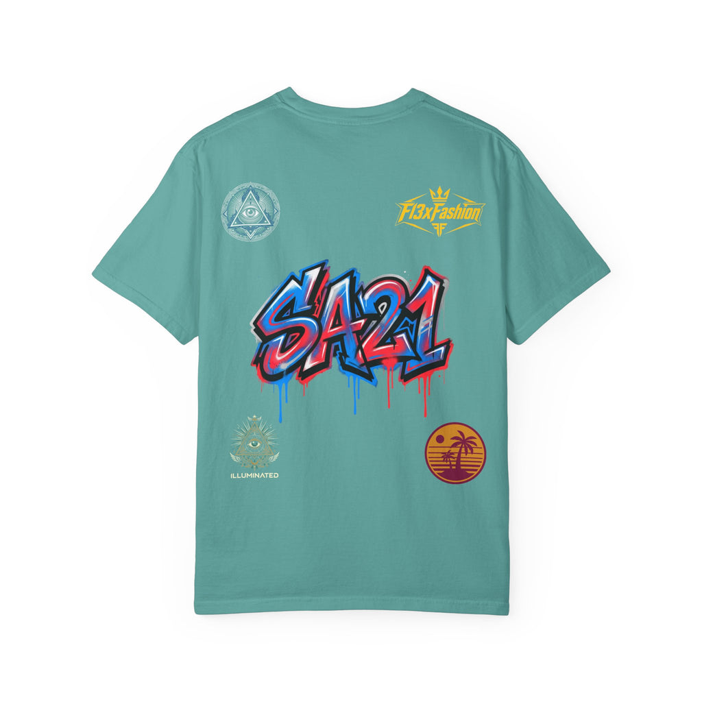 SA21 Graffiti T-Shirt — Urban Streetwear Tee with Drip Art & Tropical Patch