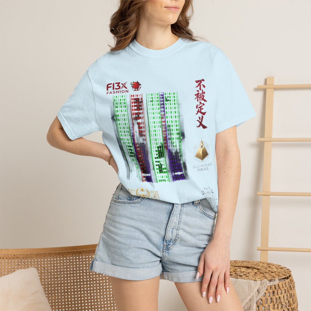 Graphic T-Shirt — Futuristic Cityscape Design with Japanese Calligraphy