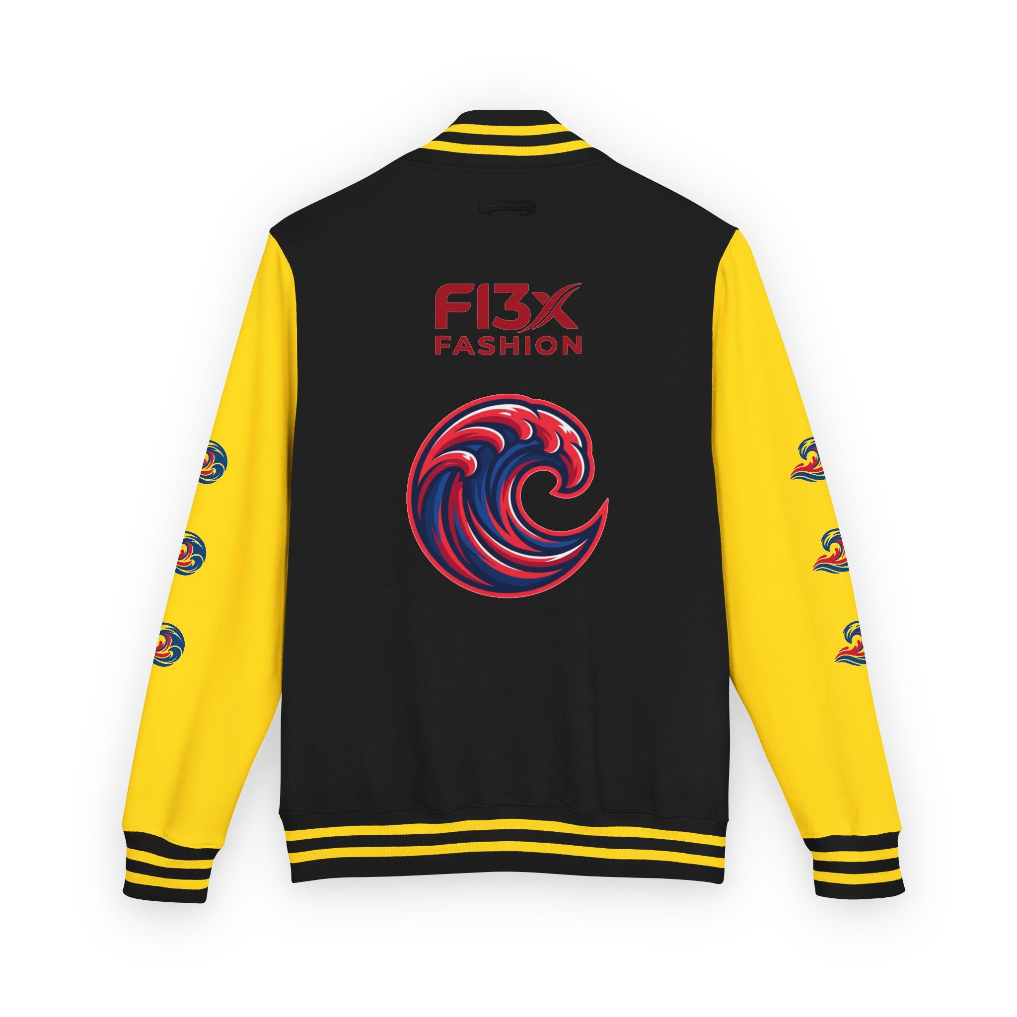 Letterman Jacket — Red Wave Graphic Varsity Jacket with 'F13X Fashion' Logo