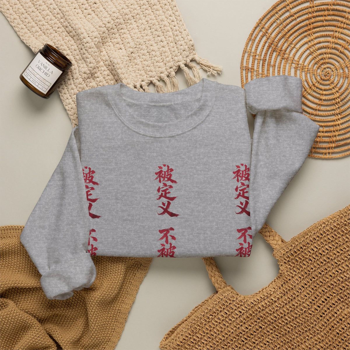 Crewneck Sweatshirt — Vertical Red Kanji Text Graphic