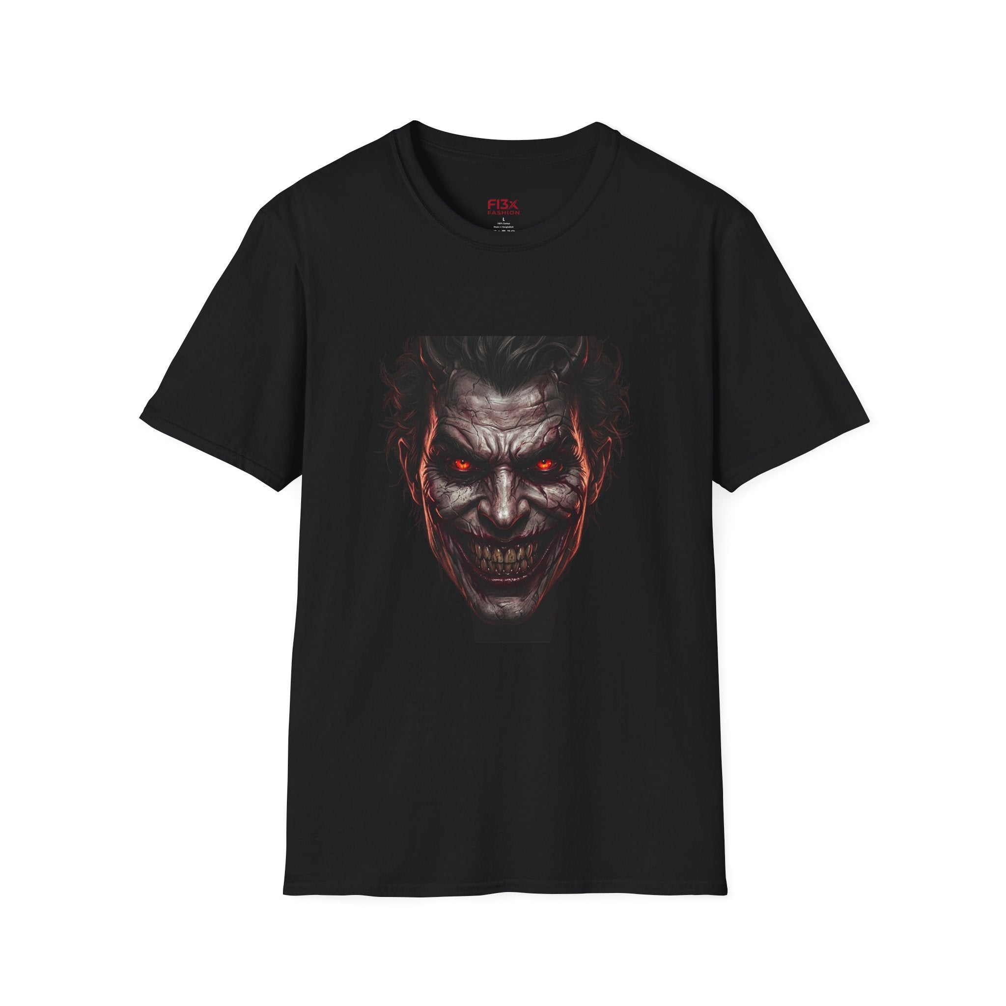 Horror Joker Face T-Shirt — Red-Eyed Villain Graphic Tee