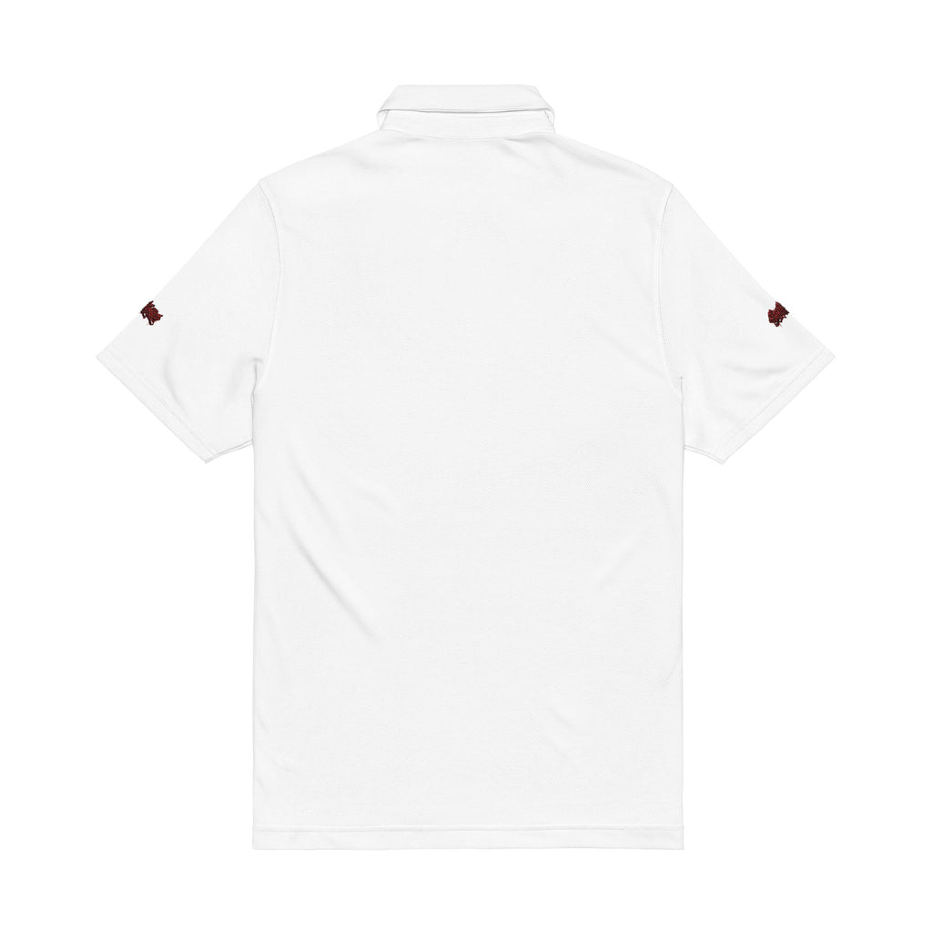 Embroidered Men’s Performance Polo — White with Red Script Logo