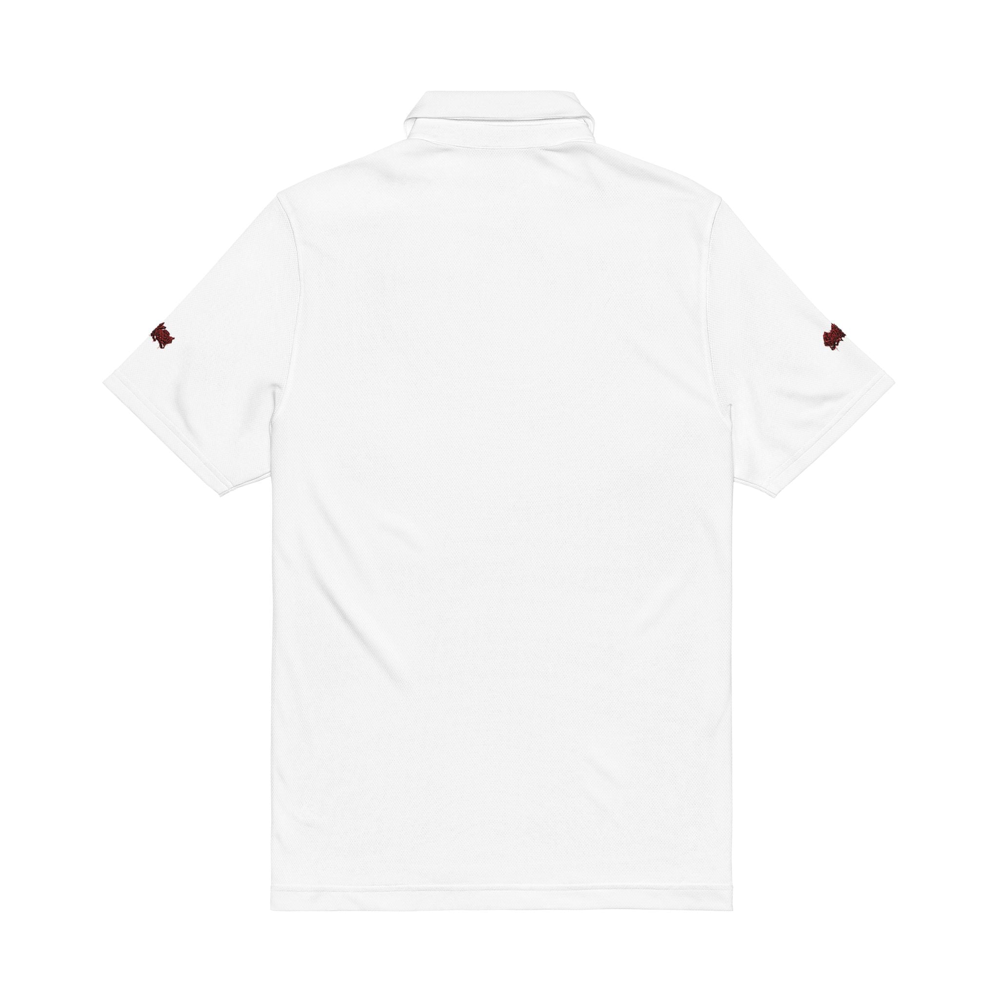 Embroidered Men’s Performance Polo — White with Red Script Logo