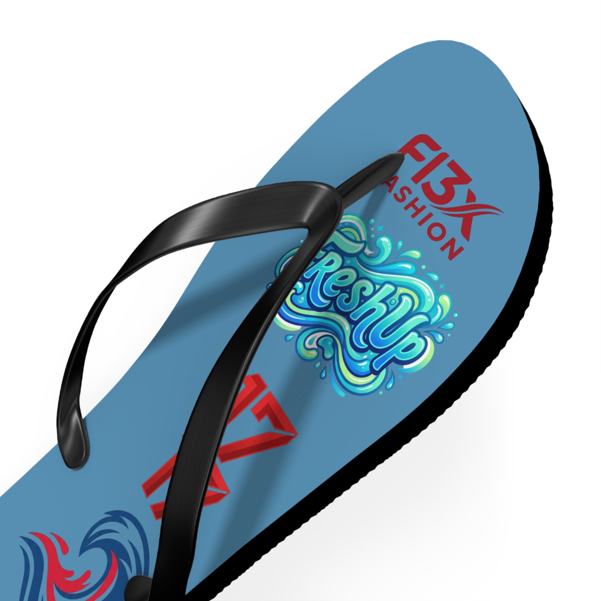 Blue Graphic Flip Flops – Surf Wave Design with '17 17' and Bold Logos