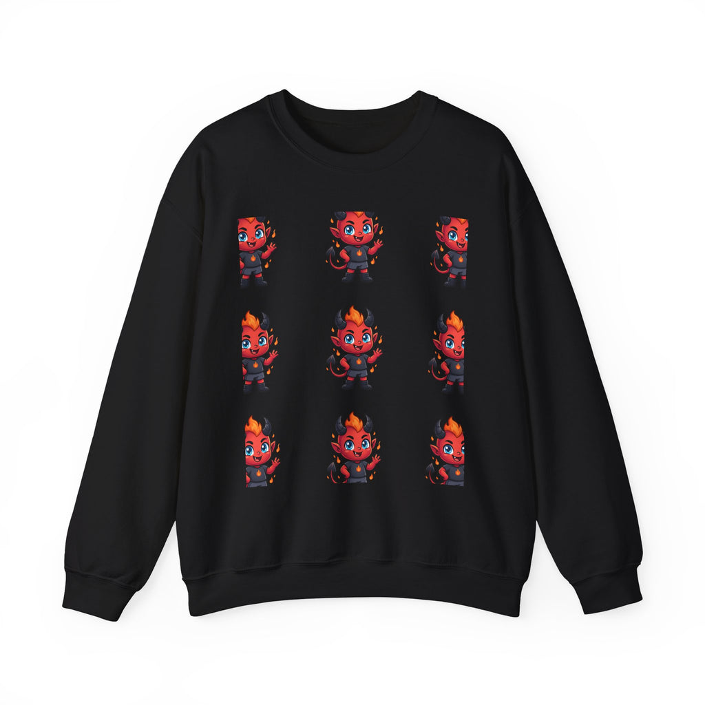 Cute Devil Character Grid Sweatshirt — Cartoon Demon Pattern Crewneck