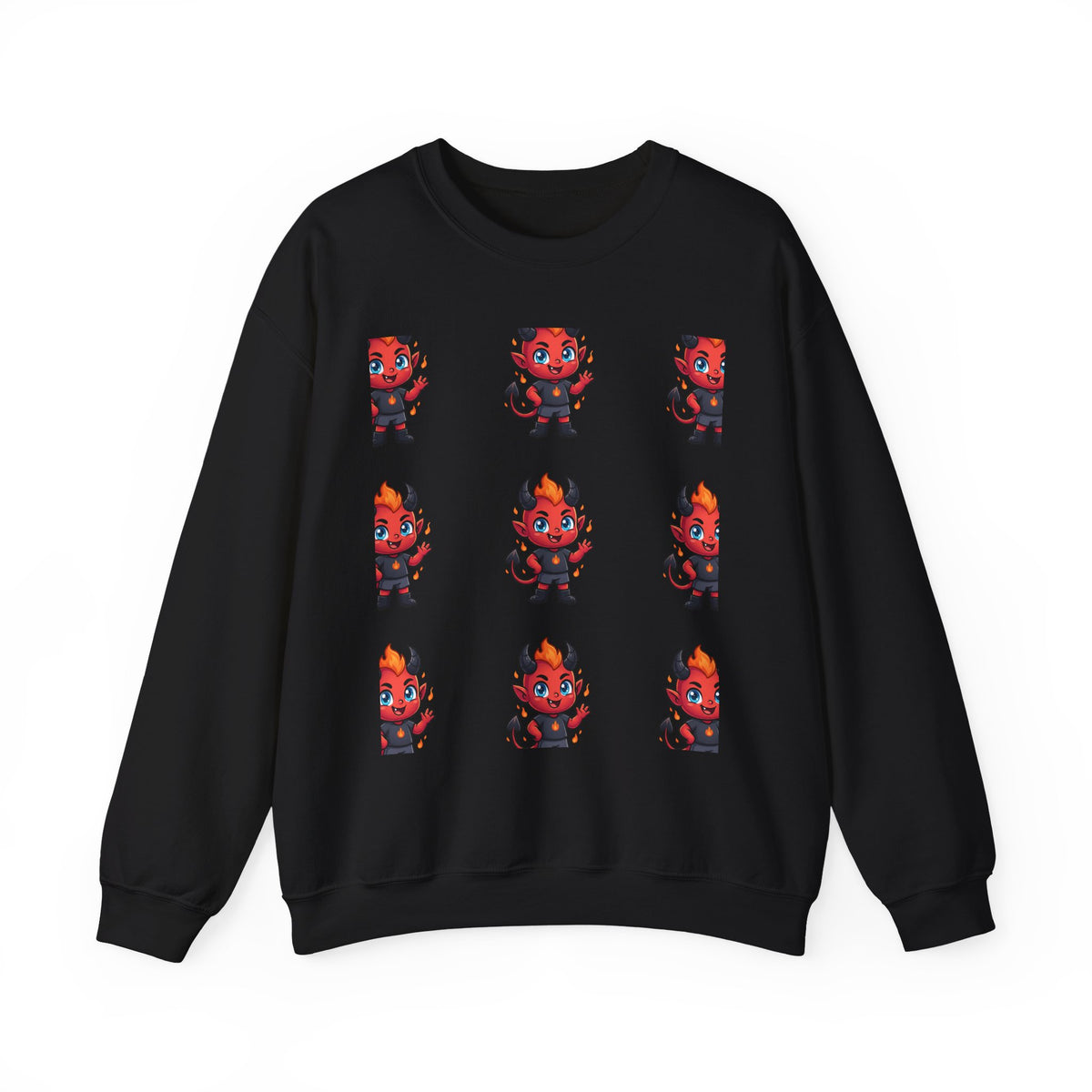 Cute Devil Character Grid Sweatshirt — Cartoon Demon Pattern Crewneck