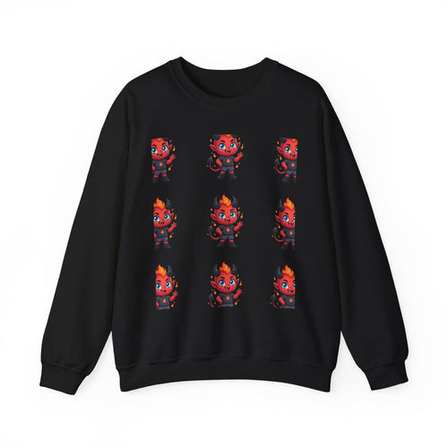 Cute Devil Character Grid Sweatshirt — Cartoon Demon Pattern Crewneck