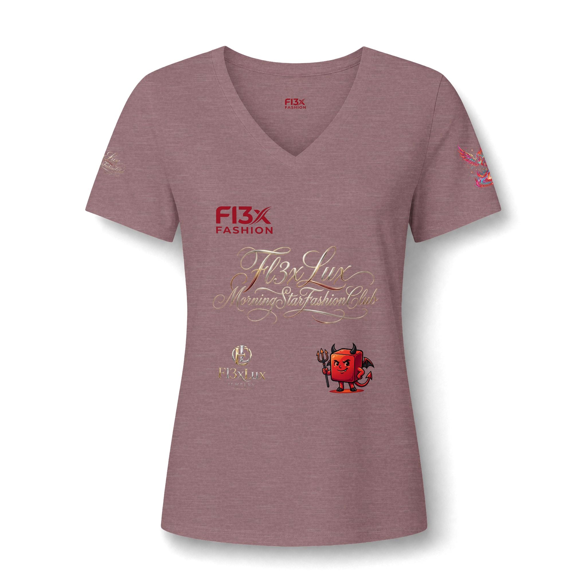 Women's V-Neck Tee — 'F13x Fashion' Floral Logo & Devil Graphic
