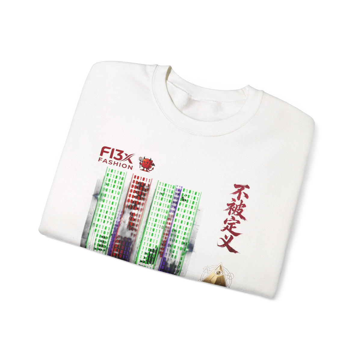 Crewneck Sweatshirt — Cyber Tokyo Graphic with Kanji & Matrix Cityscape