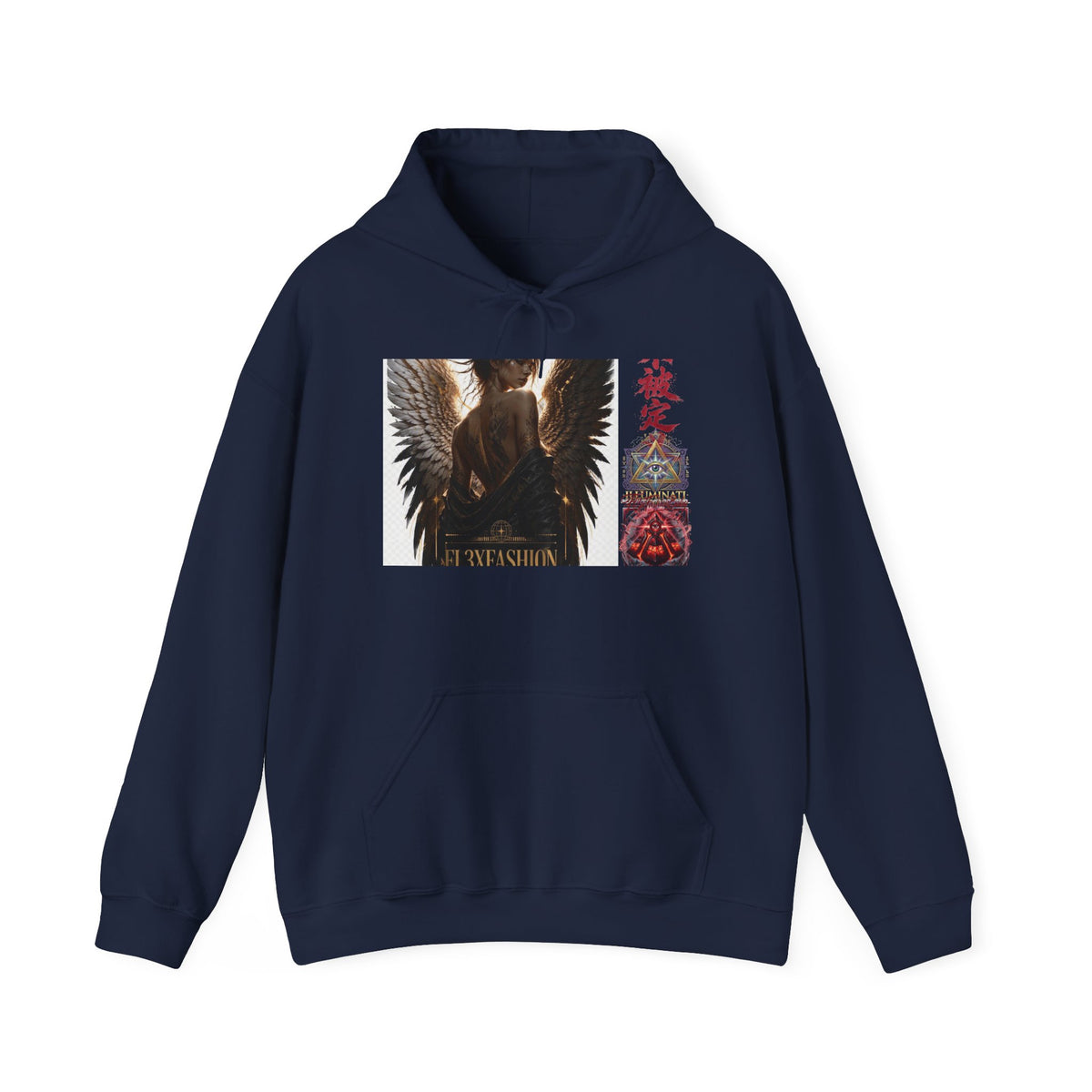 Angel Wings Graphic Hoodie — Dark Fantasy Japanese Script Design