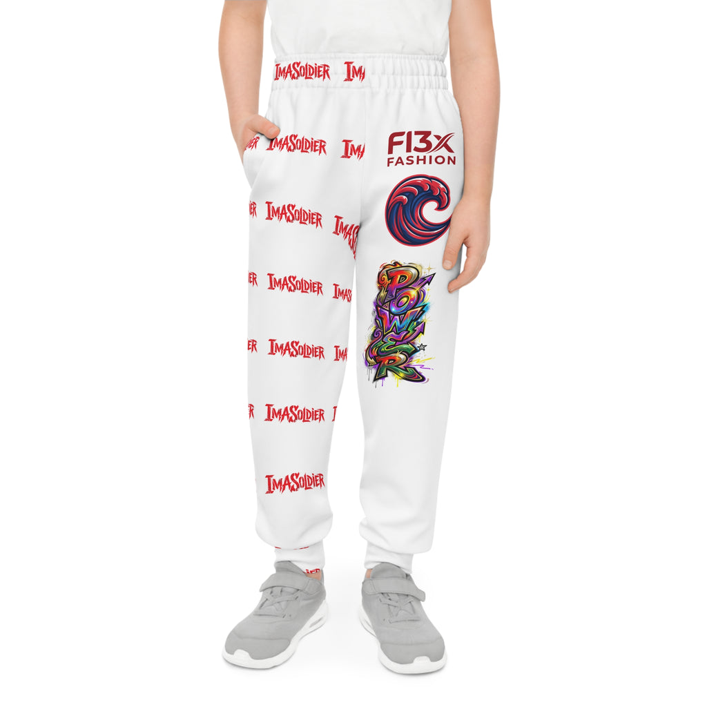Youth Joggers — White All-Over-Print 'Invader' Streetwear Jogger with Colorful Wave & Power Graphics