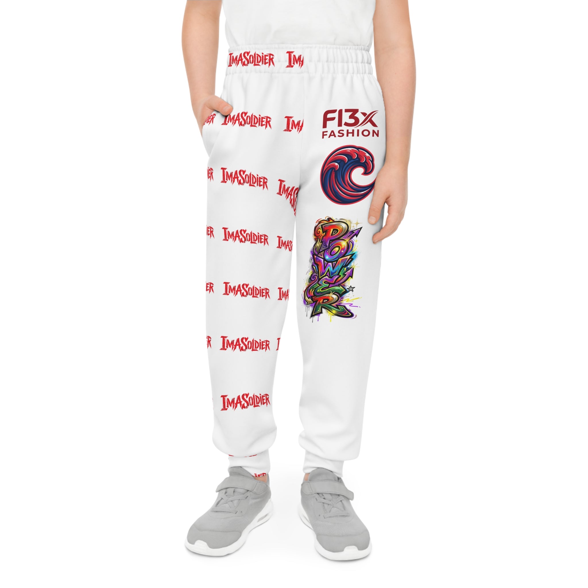 Youth Joggers — White All-Over-Print 'Invader' Streetwear Jogger with Colorful Wave & Power Graphics