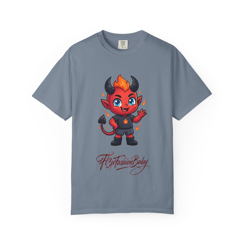 Devil Baby Graphic T-Shirt — Cute Red Demon Cartoon Tee with "FBfashionBaby" Script
