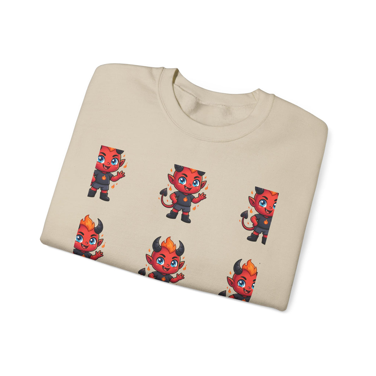 Cute Devil Character Grid Sweatshirt — Cartoon Demon Pattern Crewneck