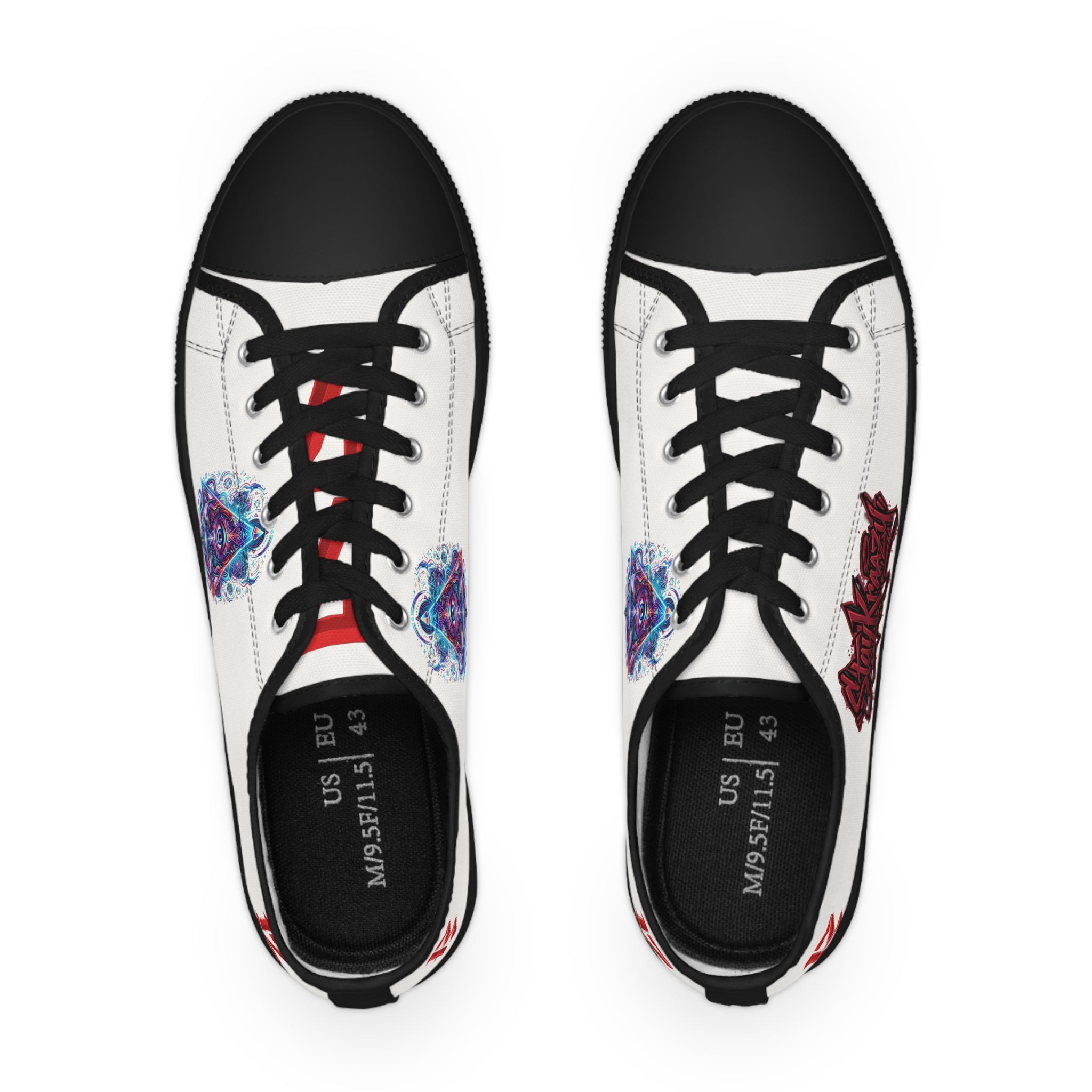 Low Top Sneakers — White Graffiti Heart & Colorful Skull Design