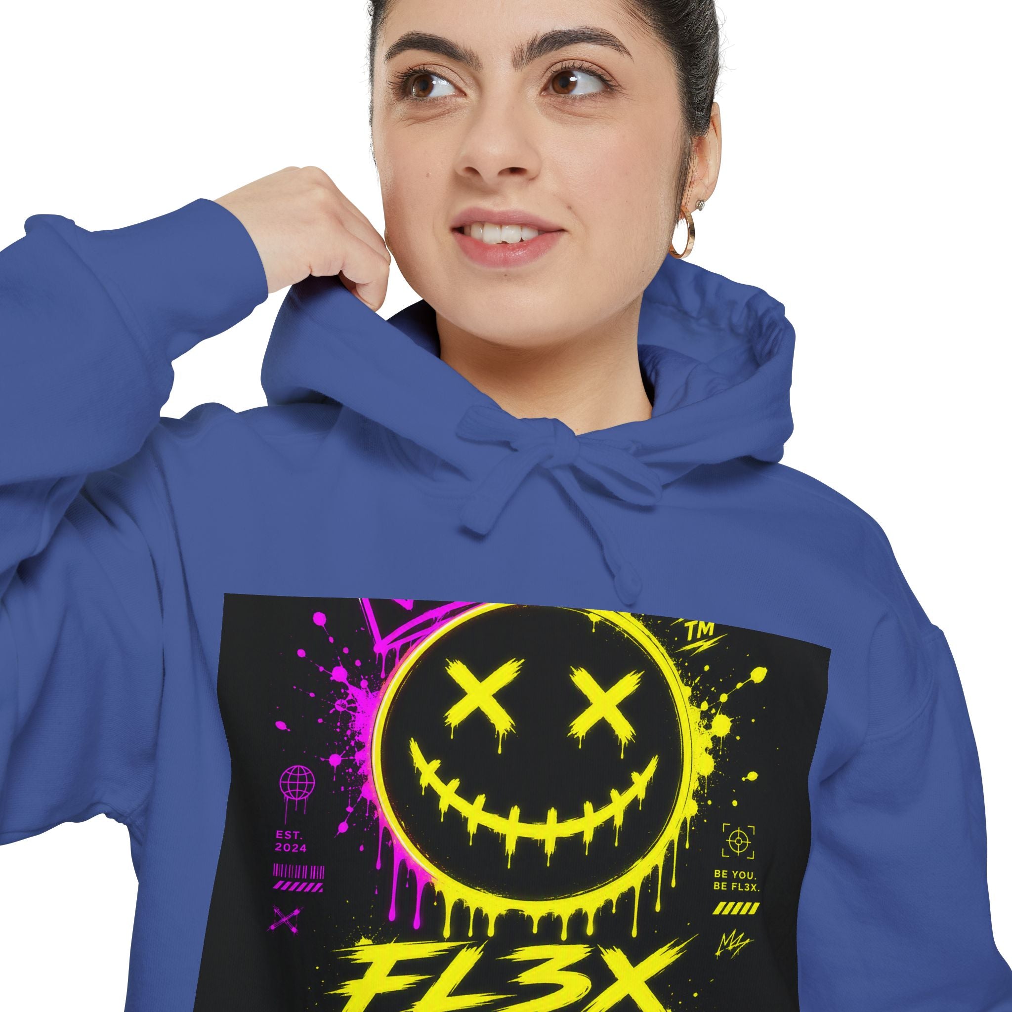 Graffiti Smiley Hoodie — FL3X Neon Streetwear Pullover