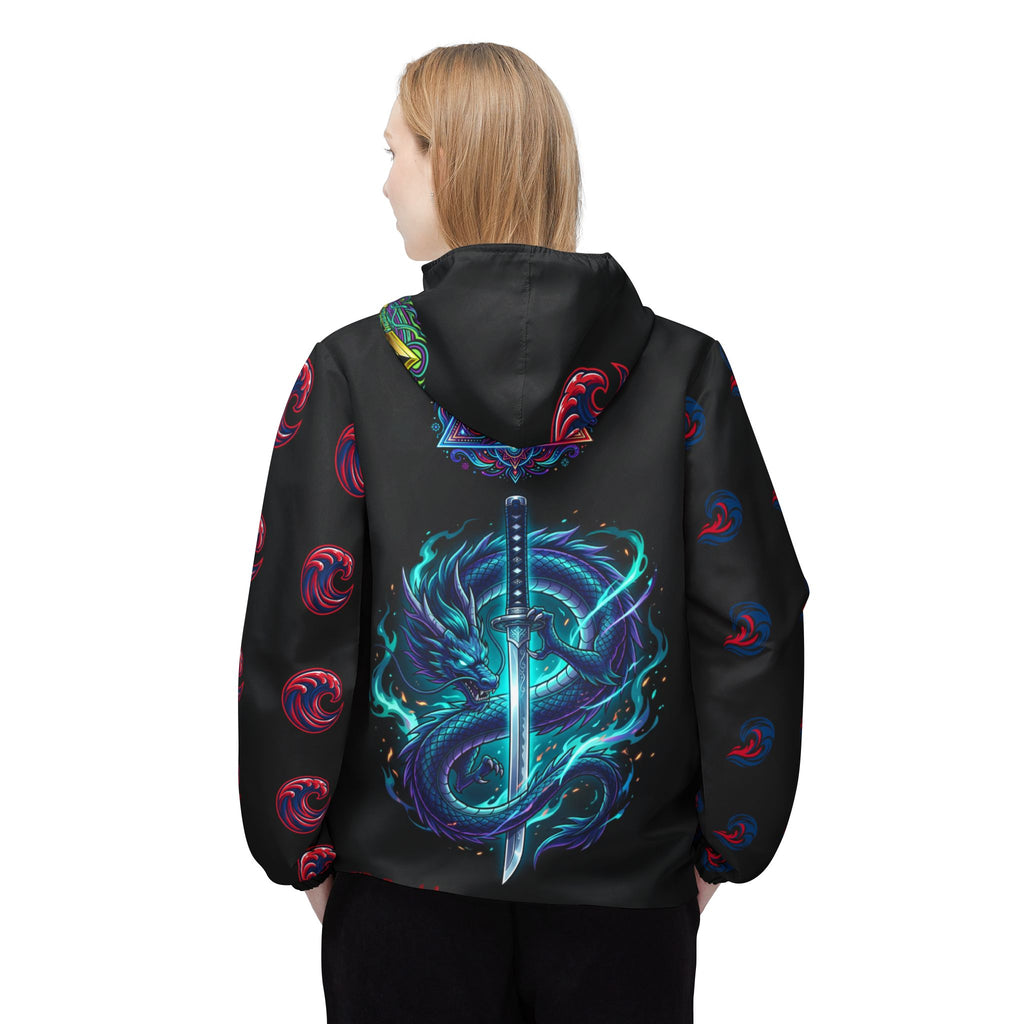 Dragon Sword Windbreaker Jacket — Neon Fantasy AOP Hooded Jacket