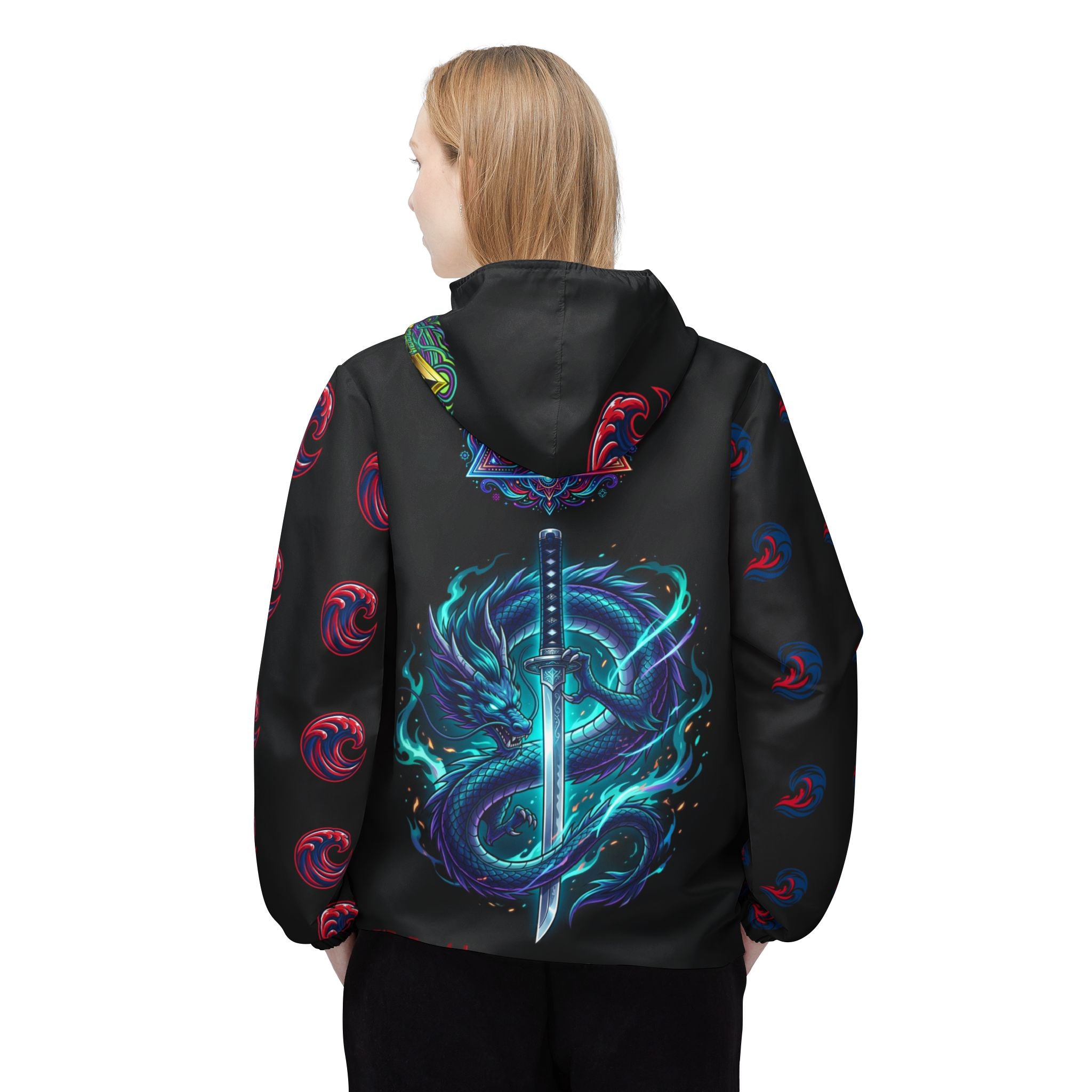Dragon Sword Windbreaker Jacket — Neon Fantasy AOP Hooded Jacket