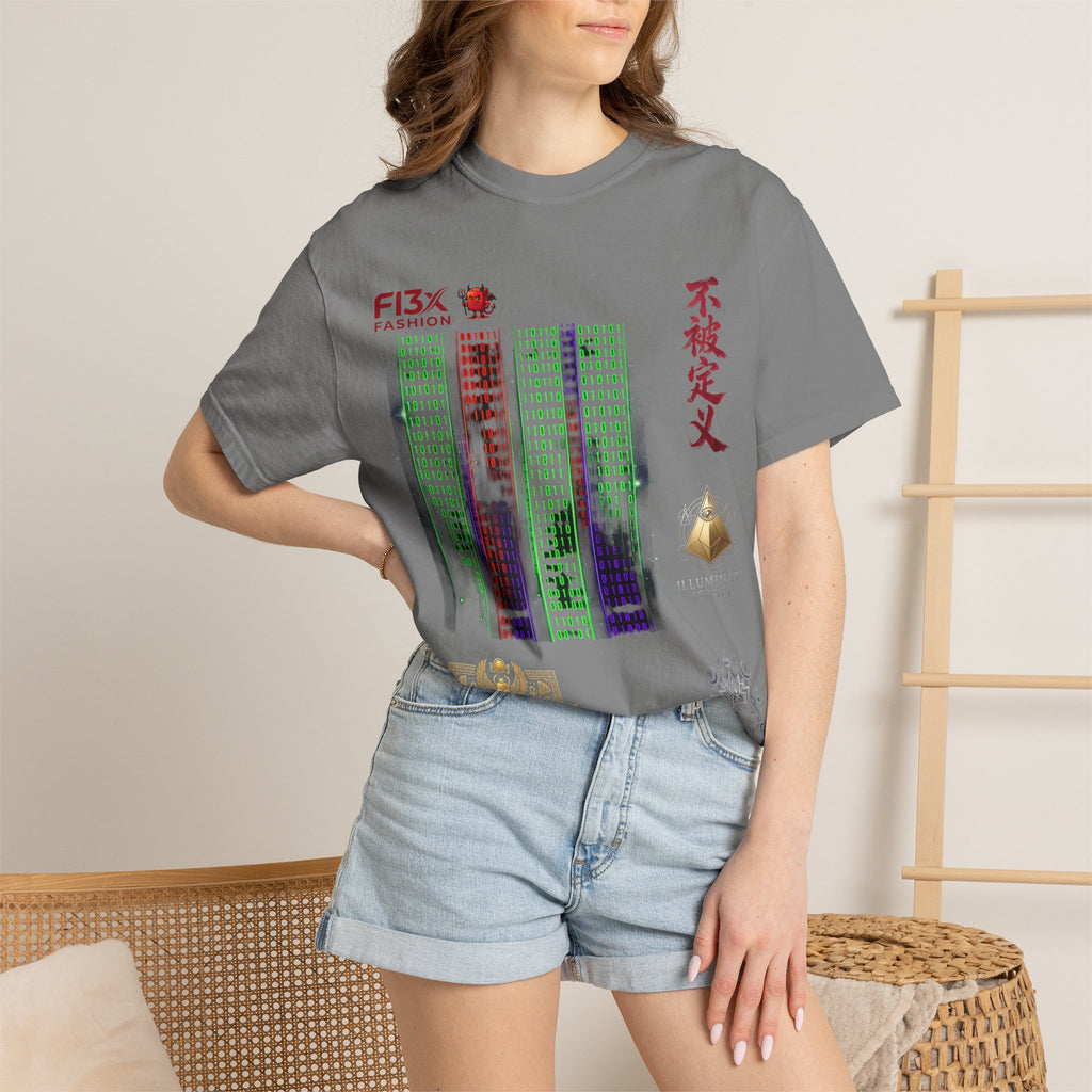 Graphic T-Shirt — Futuristic Cityscape Design with Japanese Calligraphy
