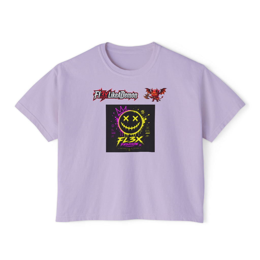 Women's Boxy Tee - Neon Smiley "FL3X" Graphic Streetwear