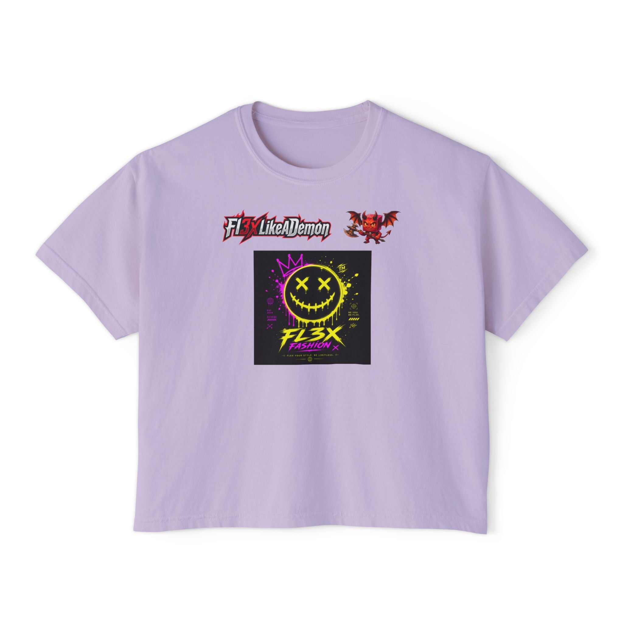 Women's Boxy Tee - Neon Smiley "FL3X" Graphic Streetwear